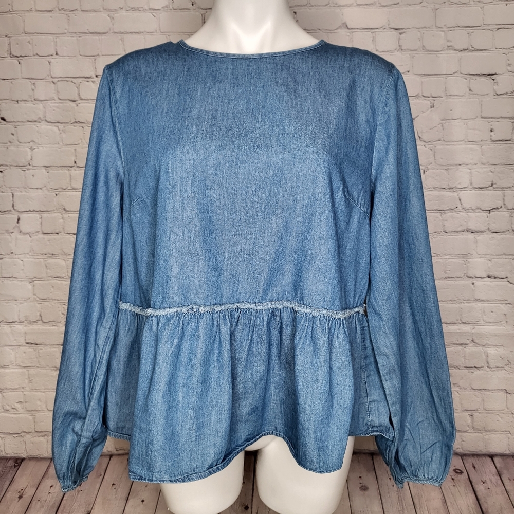 Universal Thread Blue Chambray Peasant Babydoll Top - Size L